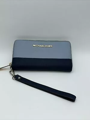 Michael Kors Light Blue / Navy / Cream Travel Zip Around Continental Wallet • $49.97