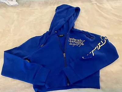 Ed Hardy Womens NWT White Tiger Logo Royal Blue Cropped Hoodie Sweatshirt Sz L • $39.99