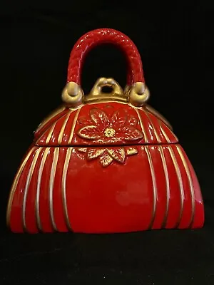 Davids Cookies Gold Red Poinsettia Christmas Purse Cookie Jar So Cute • $10