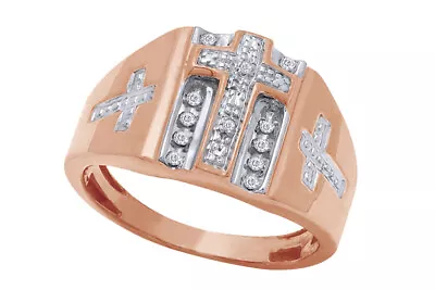 Men's 1/10 CT.T.W. Diamond Beaded Cross Ring 925 Sterling Silver 14K Gold Plate • $118.48