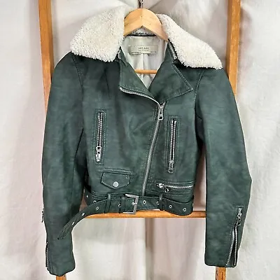 Zara Aviator Jacket Womens Extra Small Green Faux Leather Collared Long Sleeve • $32.95