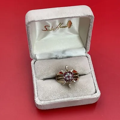 Vintage 14k & 10k Yellow Gold Ruby Diamond Chip Cluster Ladies Ring Size 8 RKC • $299.95
