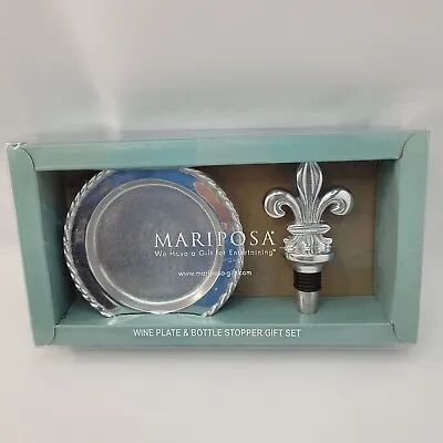 Mariposa Fleur De Lis Swizzle Silver Wine Plate & Bottle Stopper Gift Set • $17.44