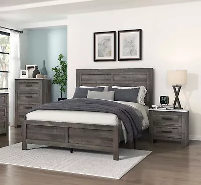 Rustic Gray Bedroom Furniture 3pc Queen Panel Bed Set Two Nightstands Set • $999