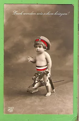 #l23.  German   Imperial Wwi Postcard  Boy In Uniform & Toy Horse 1916 • $40