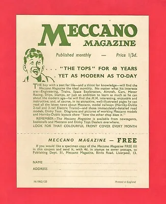 Old Advertising Flyer 1962 ~ Meccano Magazine Price 1/3d - Coupon For Free Copy • $6.16
