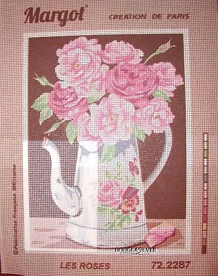 NEEDLEPOINT CANVAS ROSE Bouquet In A Coffee Pot By Margot • $24.99