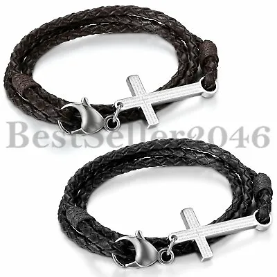 Cross Prayer Leather Men Women Cuff Bracelet Stainless Steel Wristband Bangle • $8.99