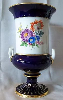 Meissen Cobalt Blue Double Handled 9.5  Urn Vase Hand Painted Floral Gold Trim • $475