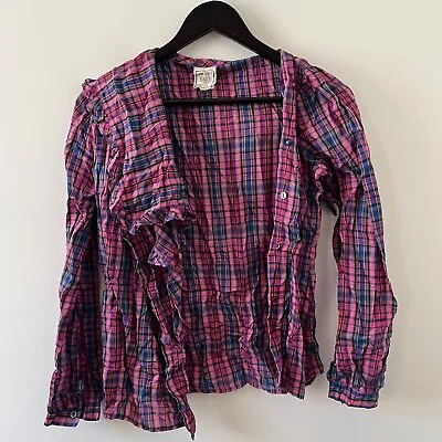 Vintage Womens Shirt Top Size 8 Purple Blue Checked 90s Grunge Cotton Blouse • £12.91
