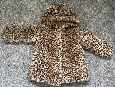 Baby Girl 12-18 Brown Leopard Print Faux Fur Coat George (#119) • £8.99