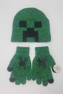 MINECRAFT CREEPER MOJANG Knit Hat & Gloves Set Winter Beanie Toboggan Text Tip • $14.99