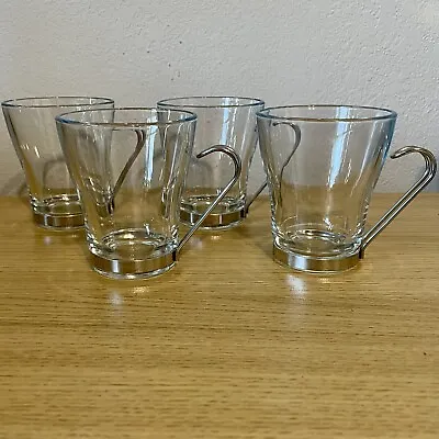 Set Of 4 Bormioli Rocco Glass Cappuccino Coffee Tea Cups Stainless Steel Handle • $22