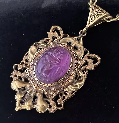 Egyptian Revival Necklace Scarab Amethyst Glass Pendant Art Nouveau Jewelry • $26