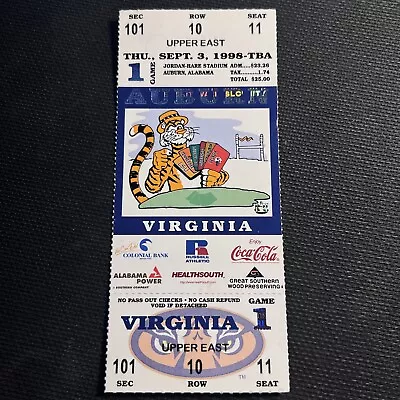 1998 AUBURN Vs VIRGINIA Football FULL Ticket Stub NCAA SEC • $5.99