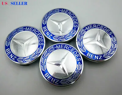 $18.88 • Buy 4PC Set Wheel Center Caps Emblem Blue Laurel Wreath 75mm For Mercedes Benz AMG