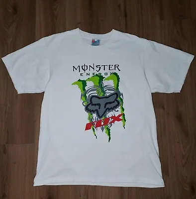Y2K Monster Energy X Fox T-shirt White HANES BEEFY T • $51.01