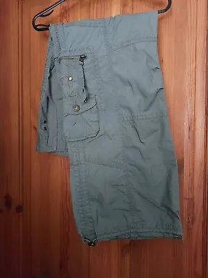 Pale Khaki Green 100% Cotton Boho Hippie Cargo Combat Utility Pants Trousers 16 • £25