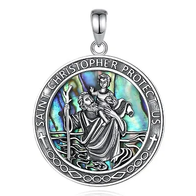 925 Sterling Silver Abalone Shell Saint Christopher Travel Protection Medallion • £46.88