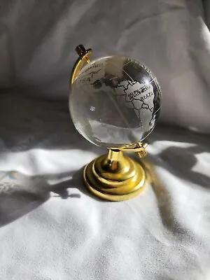 Miniature Glass World Globe On Goldtone Brass? Stand Paperweight Decoration  • $7