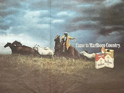 VTG 1990 Marlboro Man Poster 53x33cm Wild Horses Philip Morris Newsprint Ad TSN • $25.50