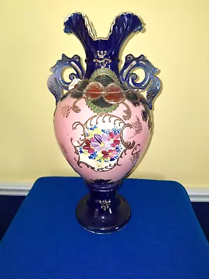 Lg Antique Satsuma Japanese Signed 16  Vase Cobalt & Pink Pottery • $9.95