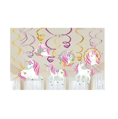 $9.99 • Buy Magical Unicorn Birthday Party Supplies Foil Swirl Hanging Decorations 12 Pieces