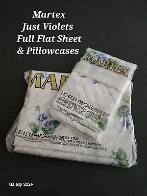 Vintage MARTEX Full Flat Sheet & Stnd Pillowcases  JUST VIOLETS Purple &Green On • $26