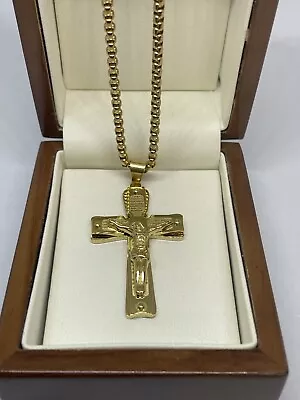 9ct  Gold Filled Heavy Weight Crucifix Cross Chain Necklace 24  FREE GIFT BOX • £23.99