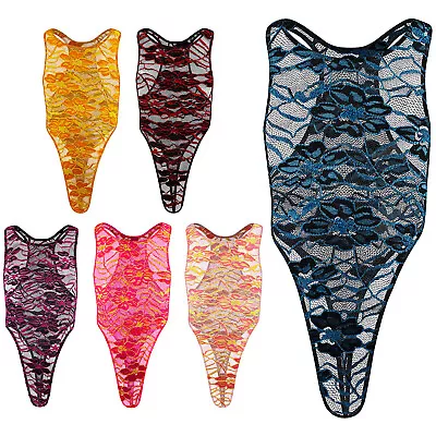 Men Semi See-through Floral Lace Lingerie Bodysuit  Mankini Jockstrap Leotard • £14.99