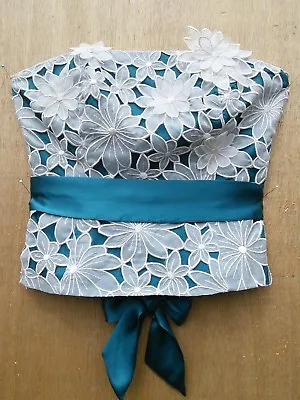 Coast Size 10 Teal & Cream Floral 100% Silk Strapless Fitted Top NEW With TAGS • £14.99