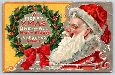 $3.70 • Buy Merry Xmas~Santa Claus Smokes Pipe~Holly Wreath~Silver~Emb~NASH~Vintage Postcard
