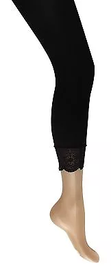 Ladies Footless Tights- LACE EDGE TRIM 40 Denier Plain Black Tights- • £3.99