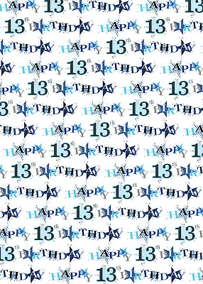2 Sheets 13th Birthday Boy Wrapping Paper Age 13 Star Shape Giftwrap (PA-W31) • £2.49