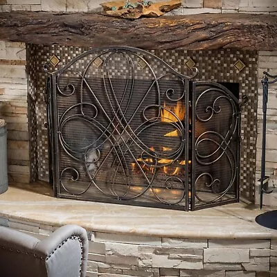 Bronze Fireplace Screen Vintage Antique Style Wrought Iron 3 Panel Fire Guard • $183.79