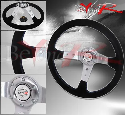 350mm Suede Black Blue Stitches 3 Spokes Steering Wheel Jdm Type R Button Horn • $47.99