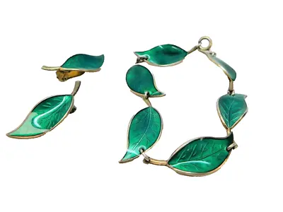 Vintage David Andersen Emerald Green Leaf Guilloche Enamel Bracelet And Earrings • $395