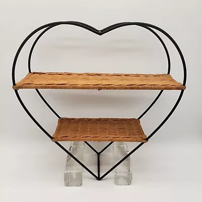 Vintage Iron Heart Frame And 2 Tier Rattan Wicker Wall Shelf Decor BOHEMIAN BOH • $23.99