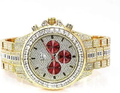 Men Gold Iced Watch Bling Rapper Simulate Diamond Metal Band Luxury Cubic RED • $29.98
