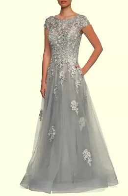 La Femme Silver Embroidered Embellished Mesh A-Line Gown Size 12 $619 • $178.98