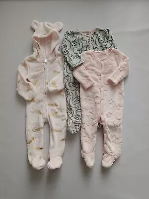 £4.99 • Buy 3x Baby Girls Fleece Sleepsuits 6-9 Months All-in-ones Bundle Pink Grey