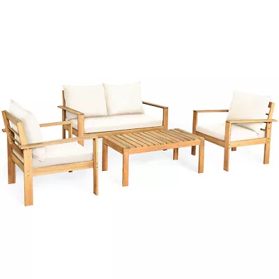 4PCS Outdoor Furniture Set Acacia Wood Thick Cushion Loveseat Sofa Off White • $429.99