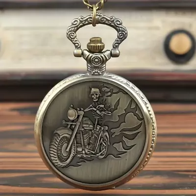 Skeleton & Motorcycle Quartz Pocket Watch With 31.5  Chain For Men Women • $7