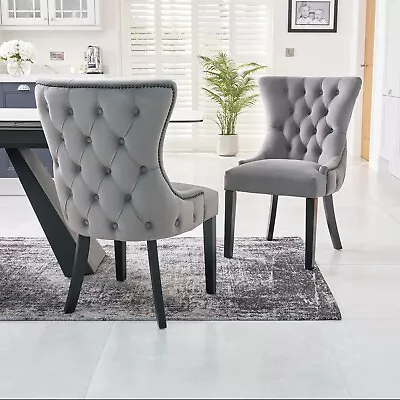 Grey Velvet Upholstered Chair Button Tufted Detailing – Black Upholstery Studs • £129