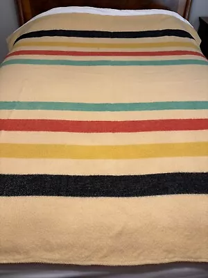 VTG Wool Blanket Hudson Bay Type 76x73 Green Red Gold Black Stripes Thick • $55