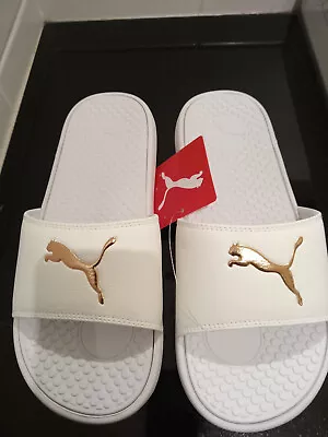 $27 • Buy PUMA Cool Cat Sports Slides, Women's, 8 / 39 White, Rose Gold Cat, BN, Auth