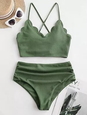 ZAFUL Crisscross Ruched High Waisted Bottom Bikini Set Two Pc Swimsuit SZ L. F85 • $18