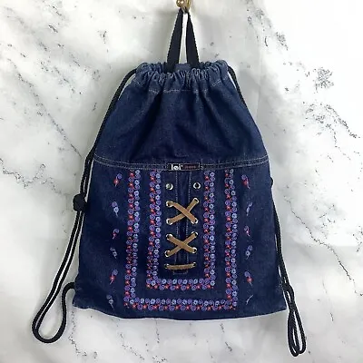 Vintage 2YK L.E.I Lei Jeans Denim Cinch Backpack Embroidered Lace Up Drawstrings • $22