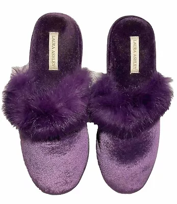 Laura Ashley Ladies Purple Mules/Slippers Size X Large 9.5-10.5 Real Rabbit Fur • $9