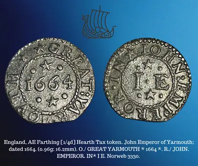 1664 England Farthing Hearth Tax Token John Emperor Of Great Yarmouth Coin • $125